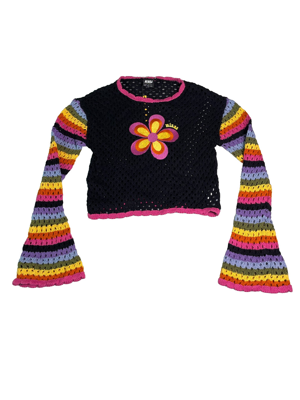 NWT Minga London Cropped Open Knit Sweater Womens S Rainbow 70s Hippie Festival